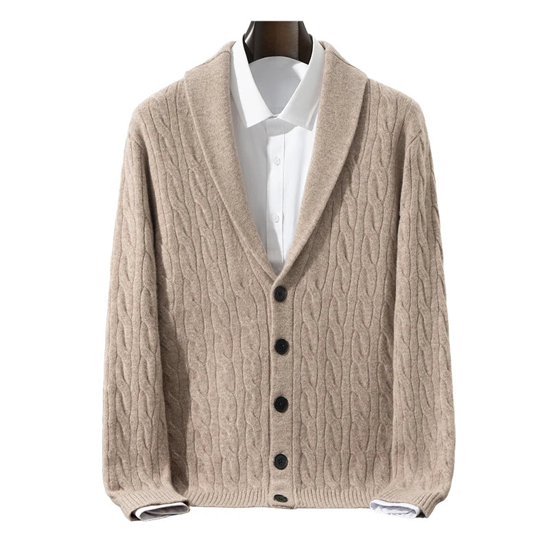 Green Fruit Collar Thickened 100% Wool Cardigan Men's Autumn Winter Jacquard Knitwear High-end Fashion Sweater Jacket