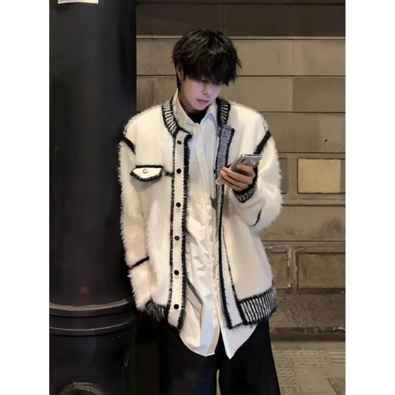 Loose and lazy style knitted sweater jacket, autumn and winter imitation mink fur small fragrant style cardigan sweater for men