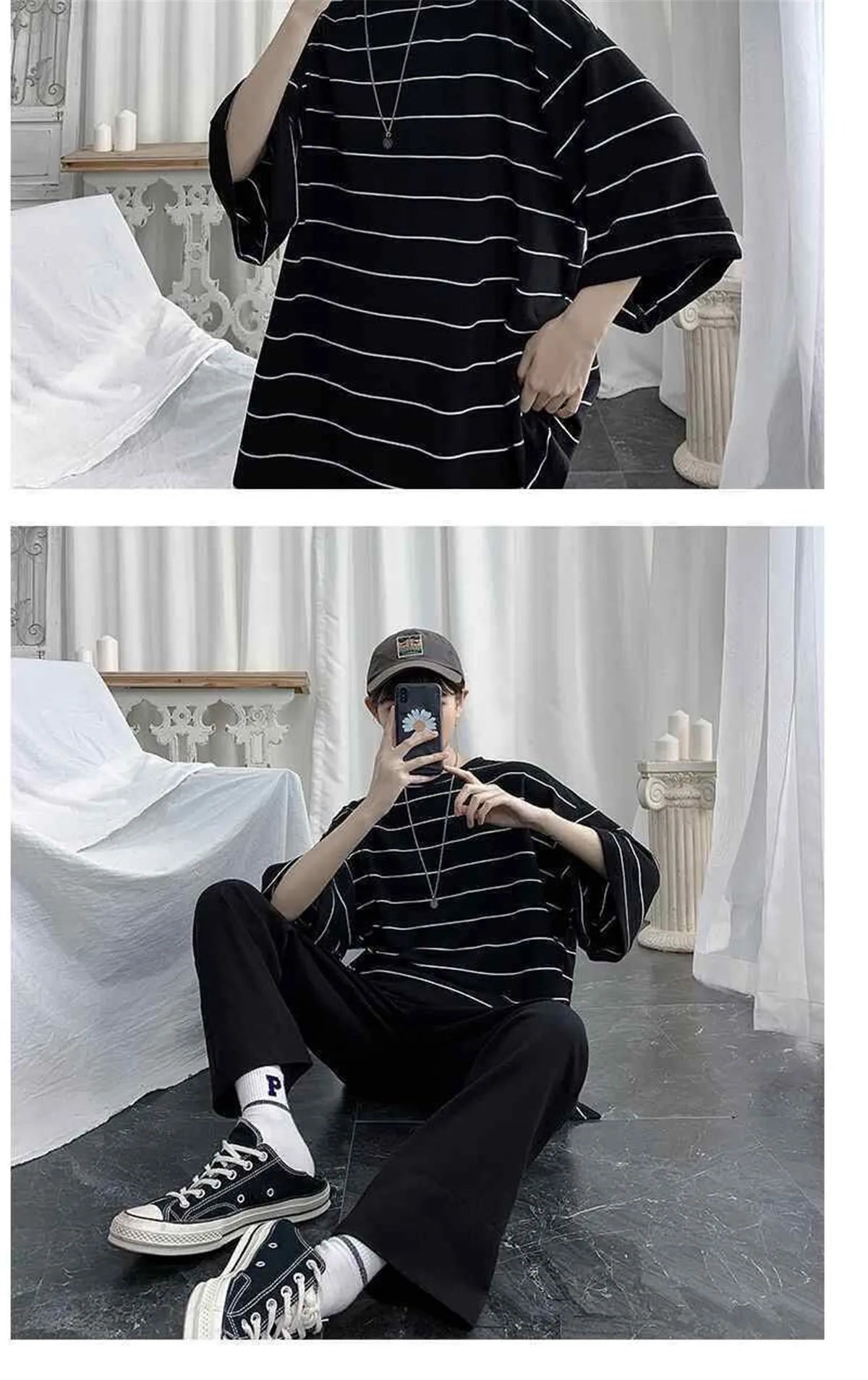 Cool Summer Oversized T-Shirt Men Funny Harajuku Tshirt Streetwear Femme Striped Japan Hip Hop Loose Half Sleeve T Shirts Male