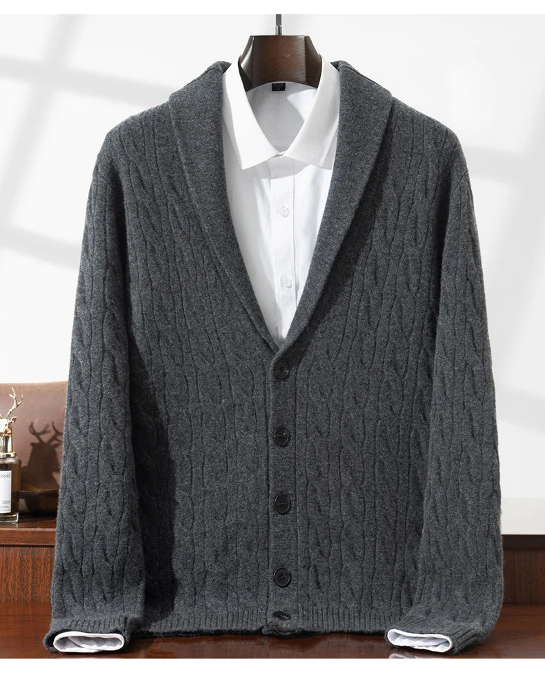 Green Fruit Collar Thickened 100% Wool Cardigan Men's Autumn Winter Jacquard Knitwear High-end Fashion Sweater Jacket