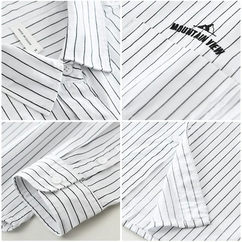 Casual Striped 100% Cotton Long Sleeve Shirt for Men Clothing Letter Versatile Streetwear 2025 Autumn New