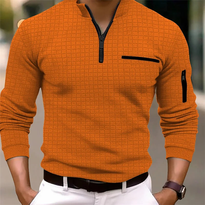 2025 Spring and Autumn New Men's Plaid Turtleneck Zipper Long Sleeve Polo Shirt Sports Breathable Business Casual Polo Shirt