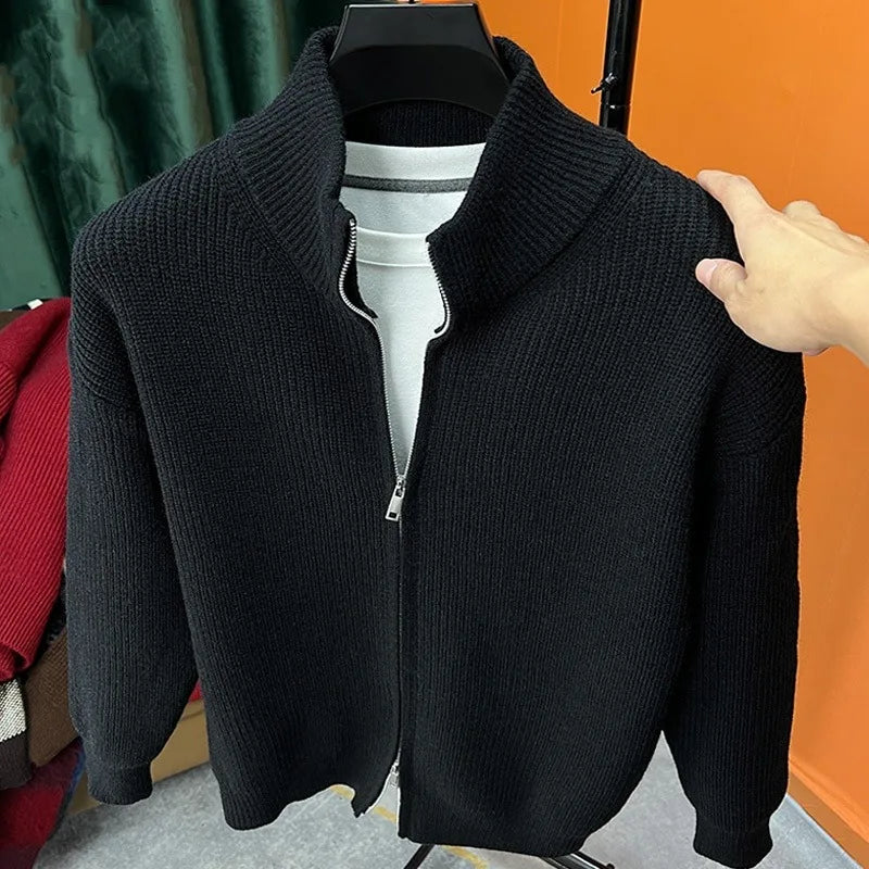 Autumn and winter versatile solid color zipper cardigan men's knitted sweater popular slim fit sweater jacket men's stand up col