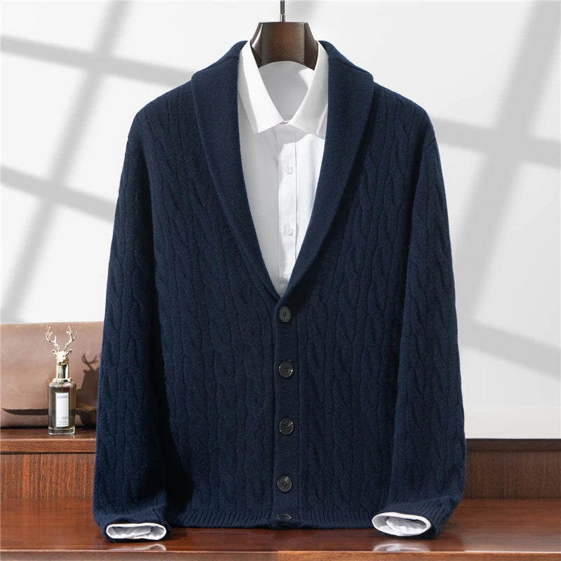 Green Fruit Collar Thickened 100% Wool Cardigan Men's Autumn Winter Jacquard Knitwear High-end Fashion Sweater Jacket