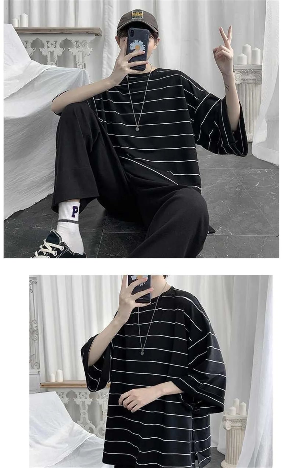 Cool Summer Oversized T-Shirt Men Funny Harajuku Tshirt Streetwear Femme Striped Japan Hip Hop Loose Half Sleeve T Shirts Male