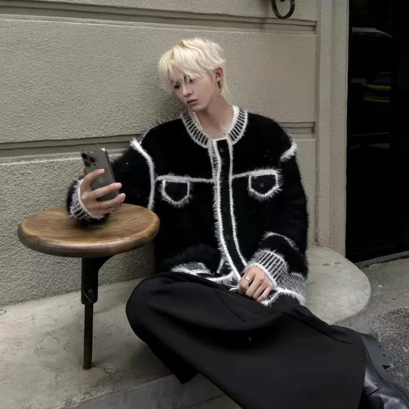 Loose and lazy style knitted sweater jacket, autumn and winter imitation mink fur small fragrant style cardigan sweater for men