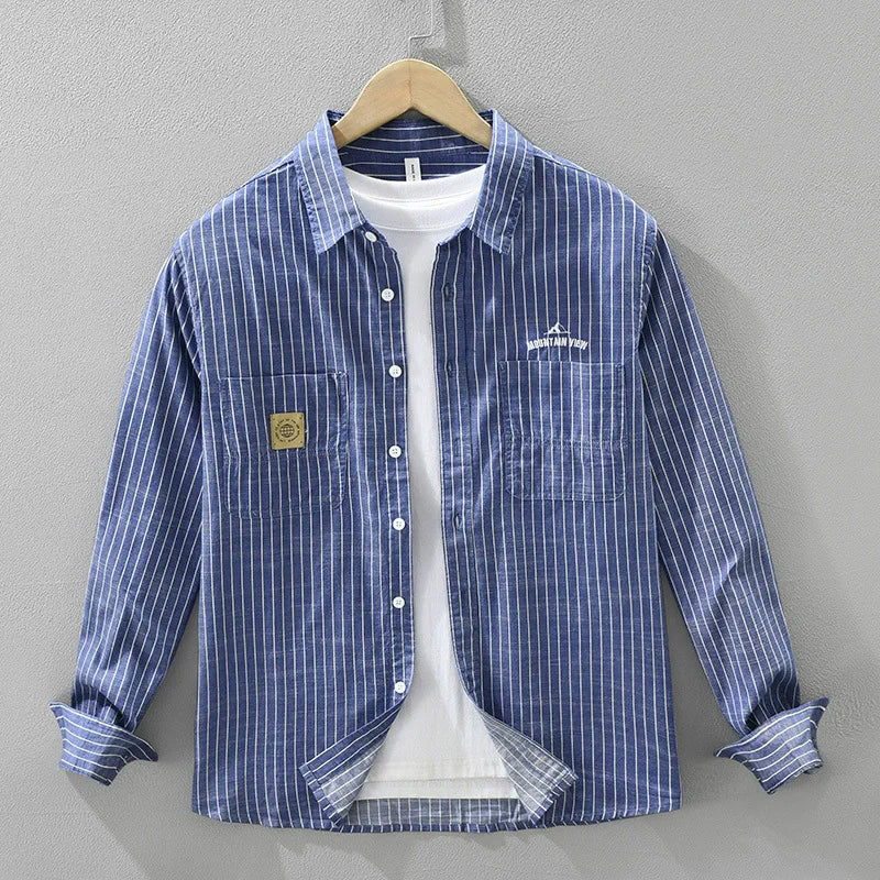 Casual Striped 100% Cotton Long Sleeve Shirt for Men Clothing Letter Versatile Streetwear 2025 Autumn New