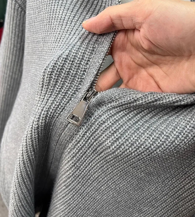 Autumn and winter versatile solid color zipper cardigan men's knitted sweater popular slim fit sweater jacket men's stand up col