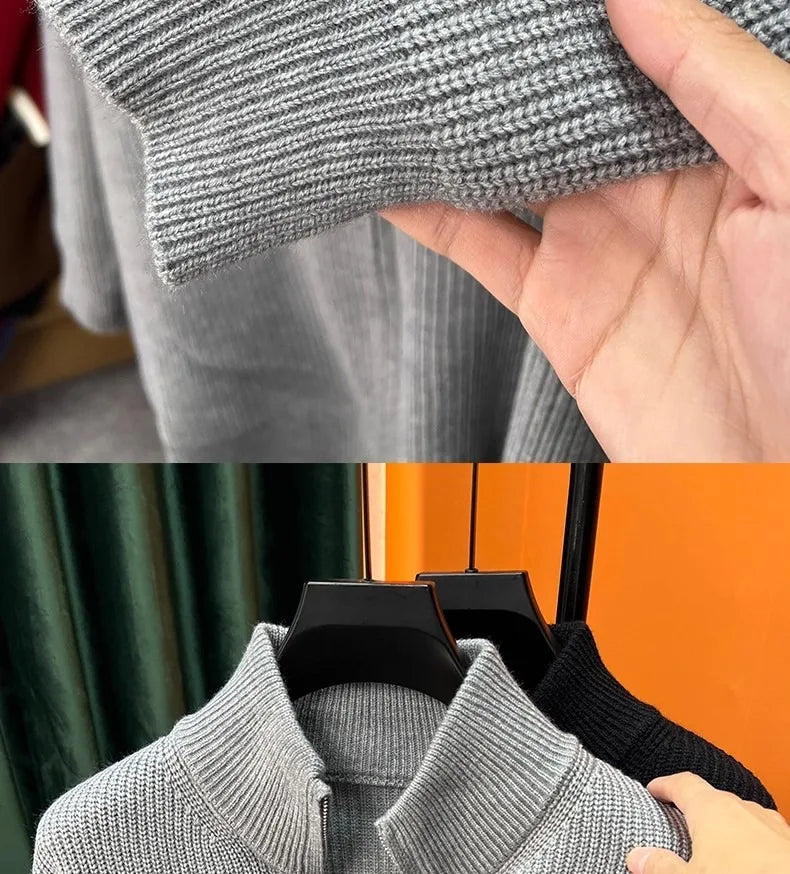 Autumn and winter versatile solid color zipper cardigan men's knitted sweater popular slim fit sweater jacket men's stand up col