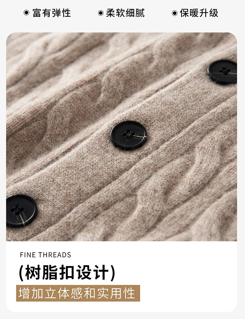 Green Fruit Collar Thickened 100% Wool Cardigan Men's Autumn Winter Jacquard Knitwear High-end Fashion Sweater Jacket
