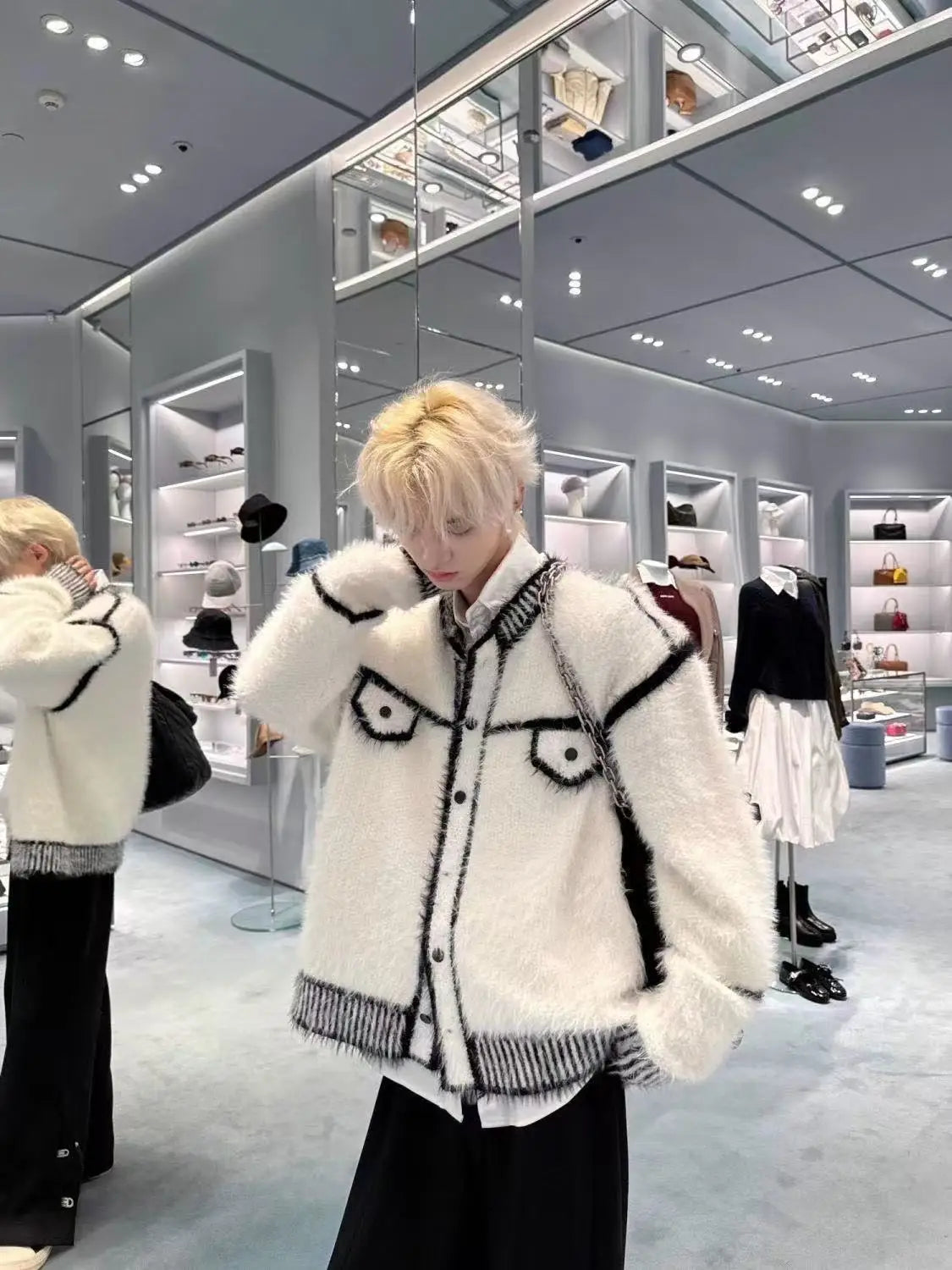 Loose and lazy style knitted sweater jacket, autumn and winter imitation mink fur small fragrant style cardigan sweater for men