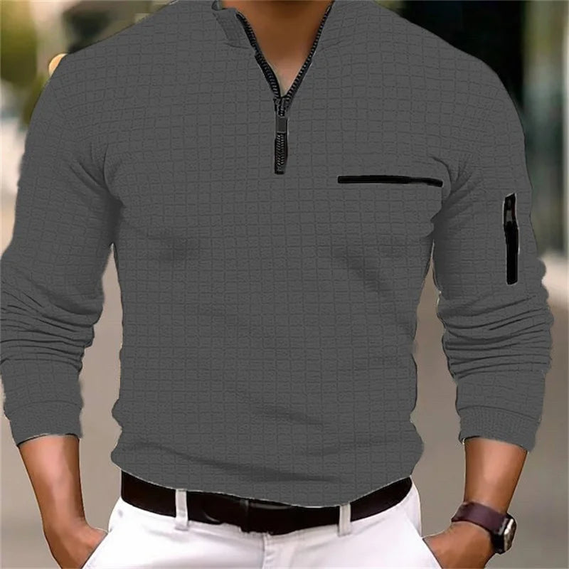 2025 Spring and Autumn New Men's Plaid Turtleneck Zipper Long Sleeve Polo Shirt Sports Breathable Business Casual Polo Shirt