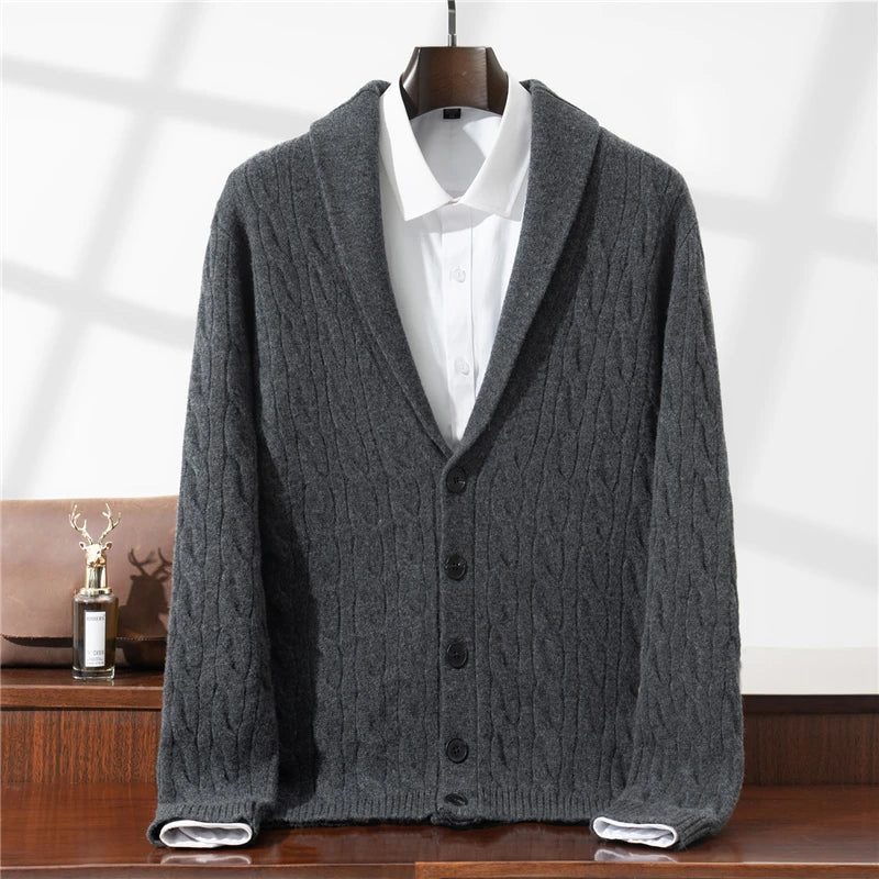Green Fruit Collar Thickened 100% Wool Cardigan Men's Autumn Winter Jacquard Knitwear High-end Fashion Sweater Jacket