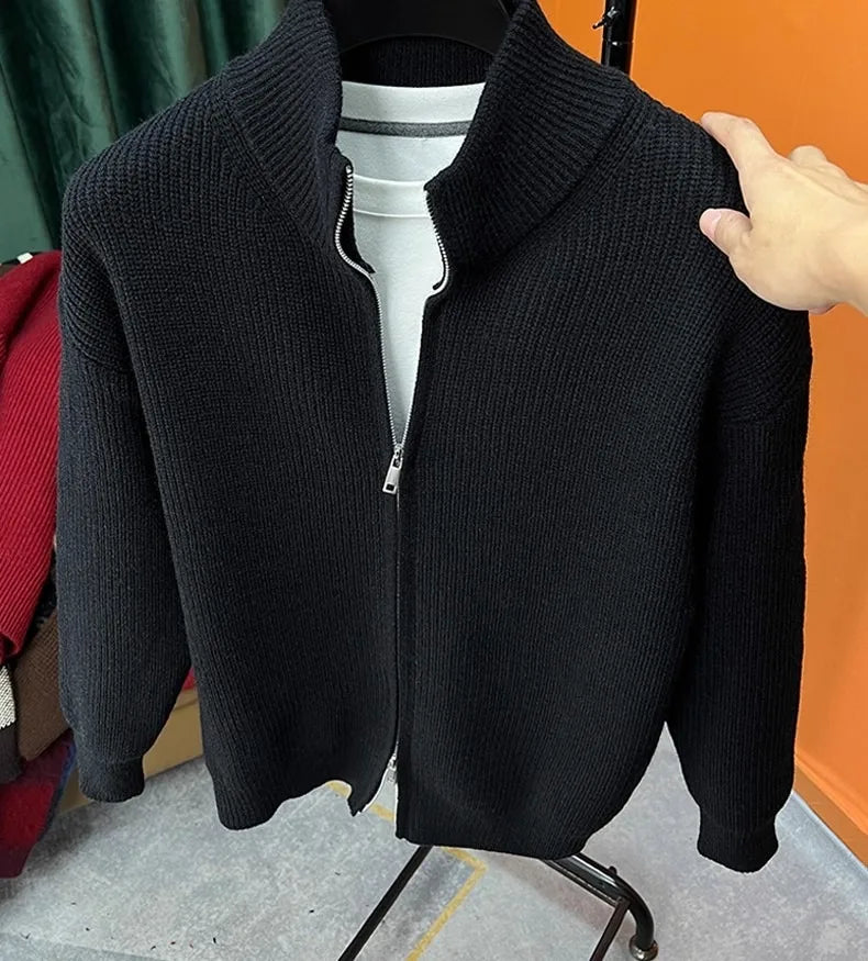 Autumn and winter versatile solid color zipper cardigan men's knitted sweater popular slim fit sweater jacket men's stand up col