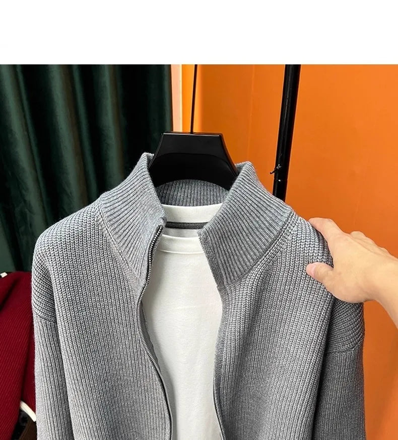 Autumn and winter versatile solid color zipper cardigan men's knitted sweater popular slim fit sweater jacket men's stand up col