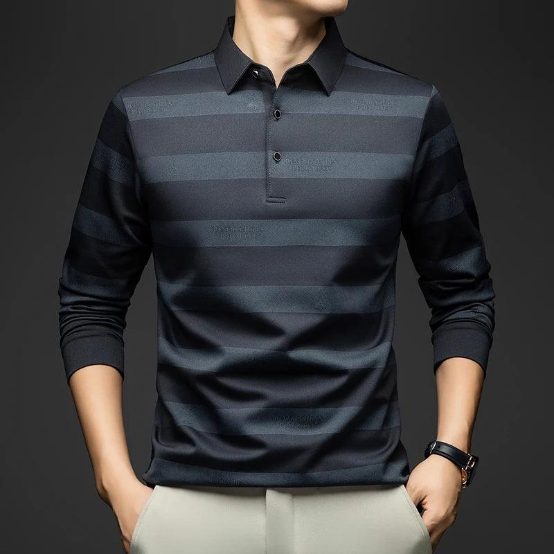 BROWON Elegant Mens Polo Shirts 2025 Spring Autumn Long Sleeve Lapel Collar Big Striped Pattern T-shirt Male New in Tops & Tees