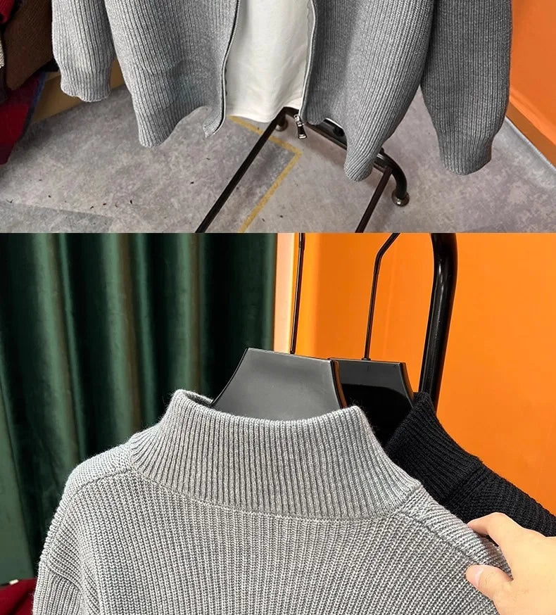 Autumn and winter versatile solid color zipper cardigan men's knitted sweater popular slim fit sweater jacket men's stand up col