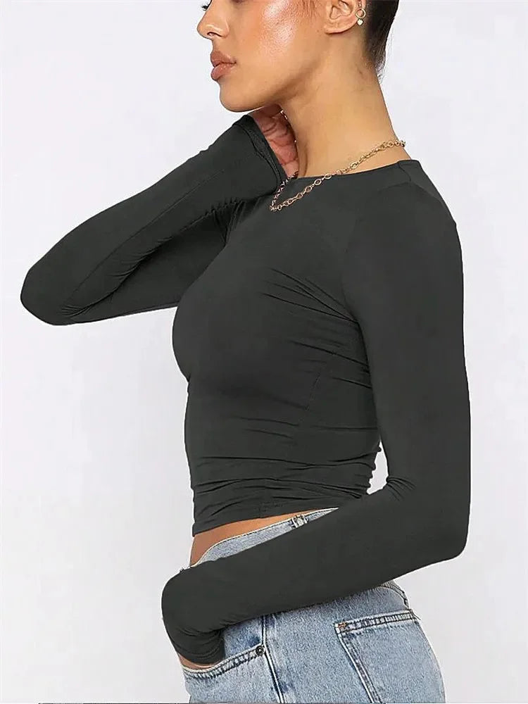 Basic Long Sleeve Crop Top for Women Spring Autumn Winter Round Neck Slim Fit Solid Color T-shirt Streetwear Tee Top