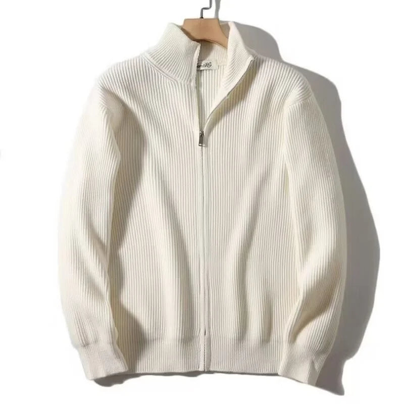 Autumn and winter versatile solid color zipper cardigan men's knitted sweater popular slim fit sweater jacket men's stand up col