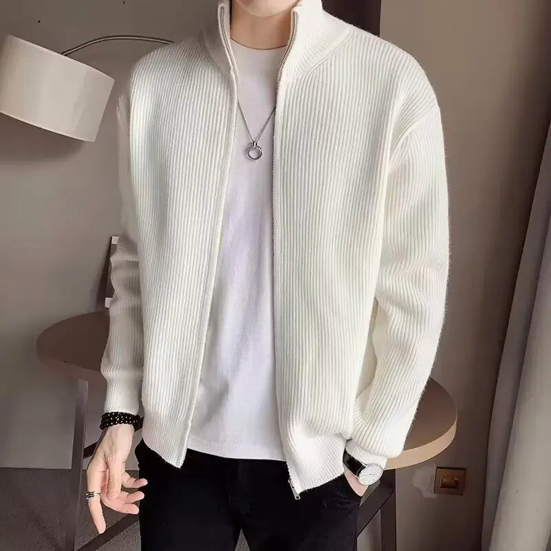 Autumn and winter versatile solid color zipper cardigan men's knitted sweater popular slim fit sweater jacket men's stand up col