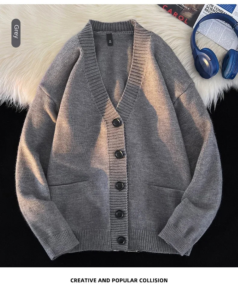 Autumn Winter New Korean Fashion Trend Versatile Casual Cardigan V-neck Sweater Men's Jacquard Comfortable Breathable Jacket