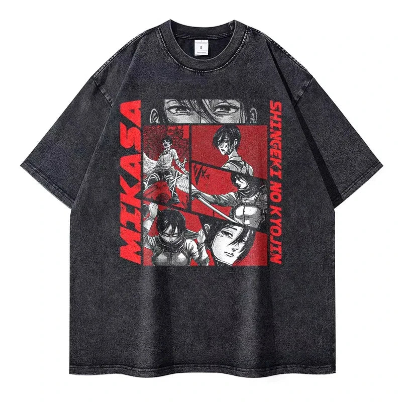 Eren Jaeger 2D T-shirts Vintage Washed Anime T-Titan A-Attack T Shirt Manga Shingeki no Kyojin Levi Mikasa Short Sleeve Tops