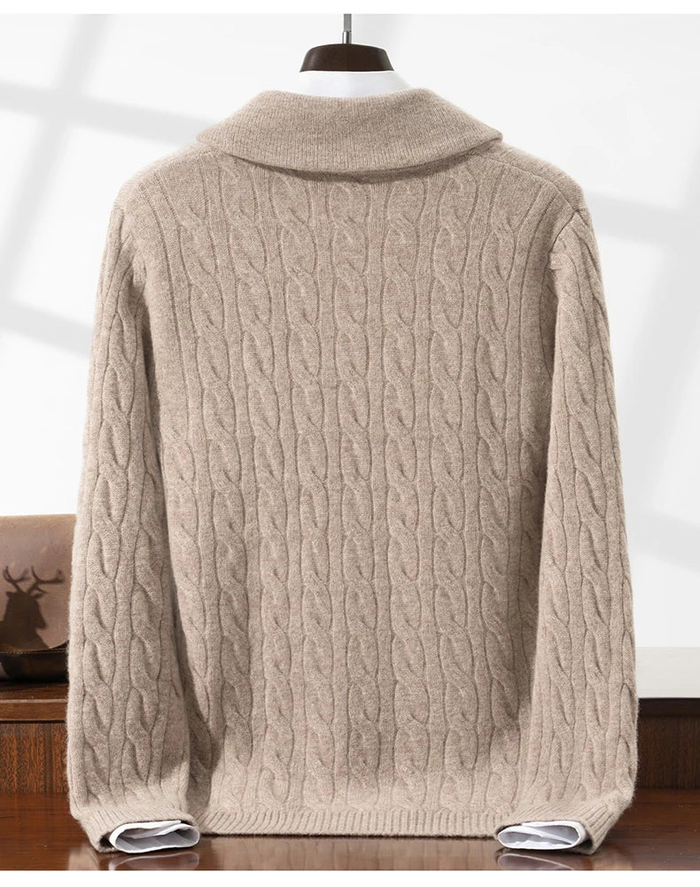 Green Fruit Collar Thickened 100% Wool Cardigan Men's Autumn Winter Jacquard Knitwear High-end Fashion Sweater Jacket