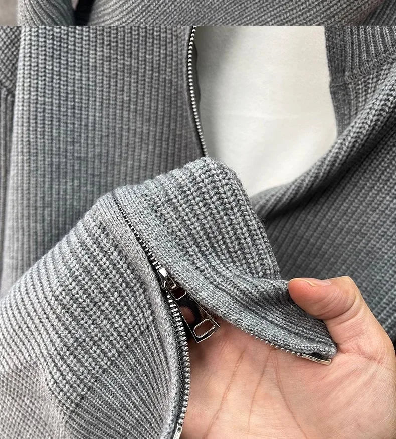 Autumn and winter versatile solid color zipper cardigan men's knitted sweater popular slim fit sweater jacket men's stand up col