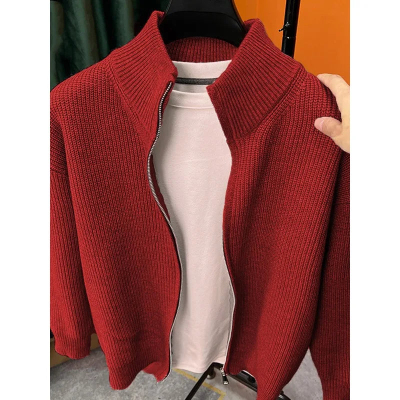 Autumn and winter versatile solid color zipper cardigan men's knitted sweater popular slim fit sweater jacket men's stand up col