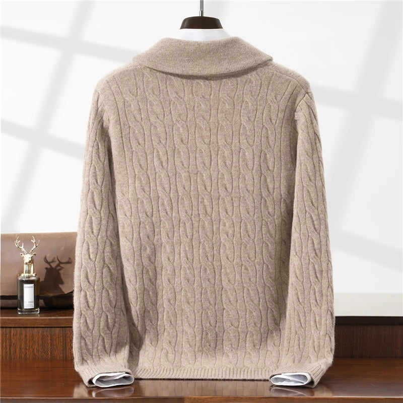Green Fruit Collar Thickened 100% Wool Cardigan Men's Autumn Winter Jacquard Knitwear High-end Fashion Sweater Jacket