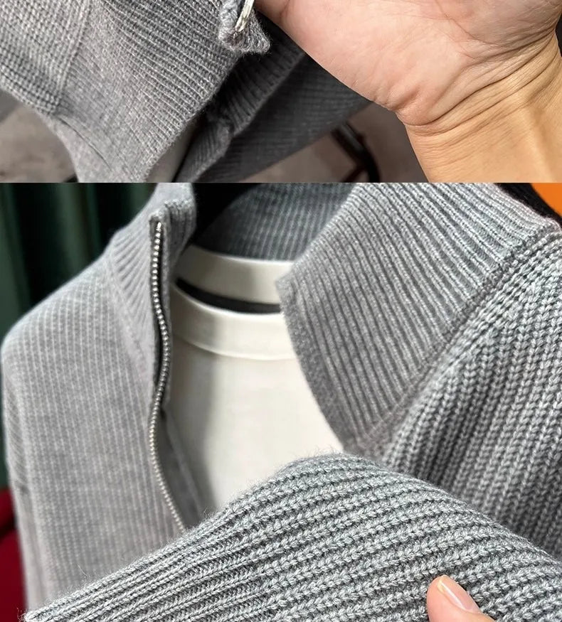 Autumn and winter versatile solid color zipper cardigan men's knitted sweater popular slim fit sweater jacket men's stand up col