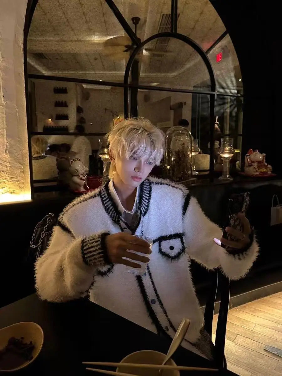 Loose and lazy style knitted sweater jacket, autumn and winter imitation mink fur small fragrant style cardigan sweater for men