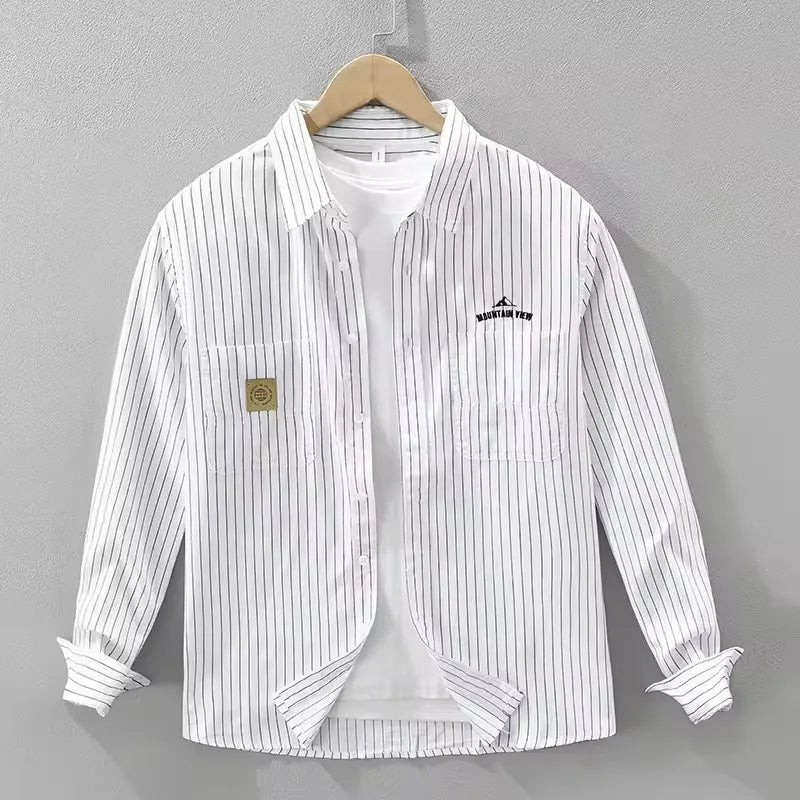 Casual Striped 100% Cotton Long Sleeve Shirt for Men Clothing Letter Versatile Streetwear 2025 Autumn New