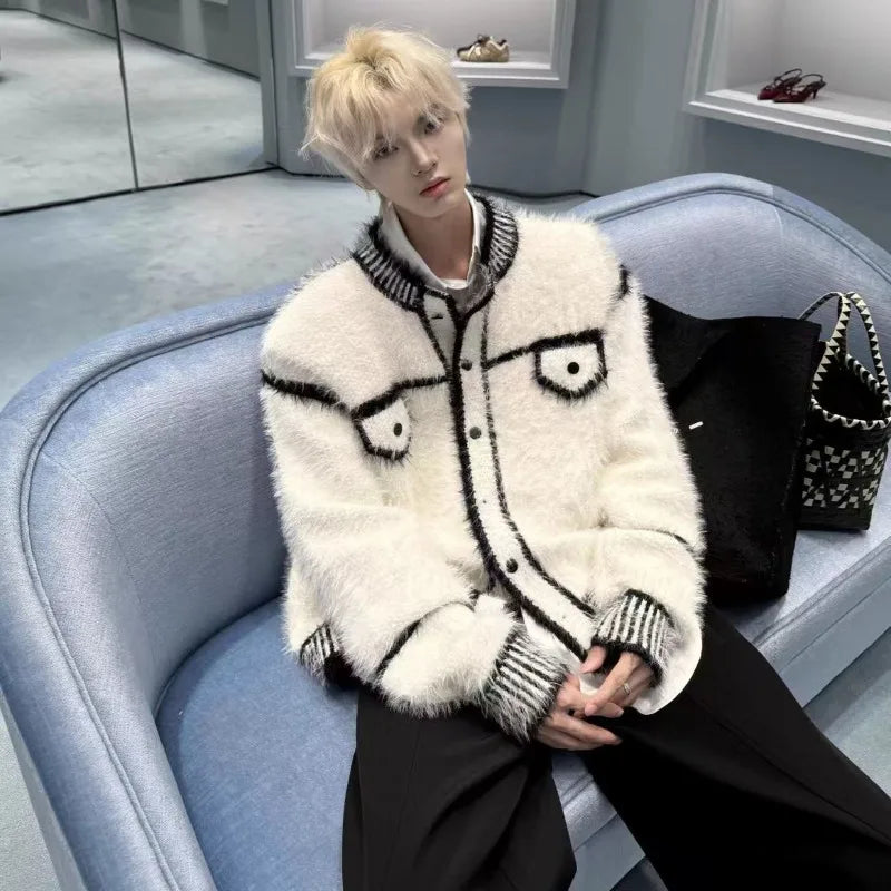 Loose and lazy style knitted sweater jacket, autumn and winter imitation mink fur small fragrant style cardigan sweater for men