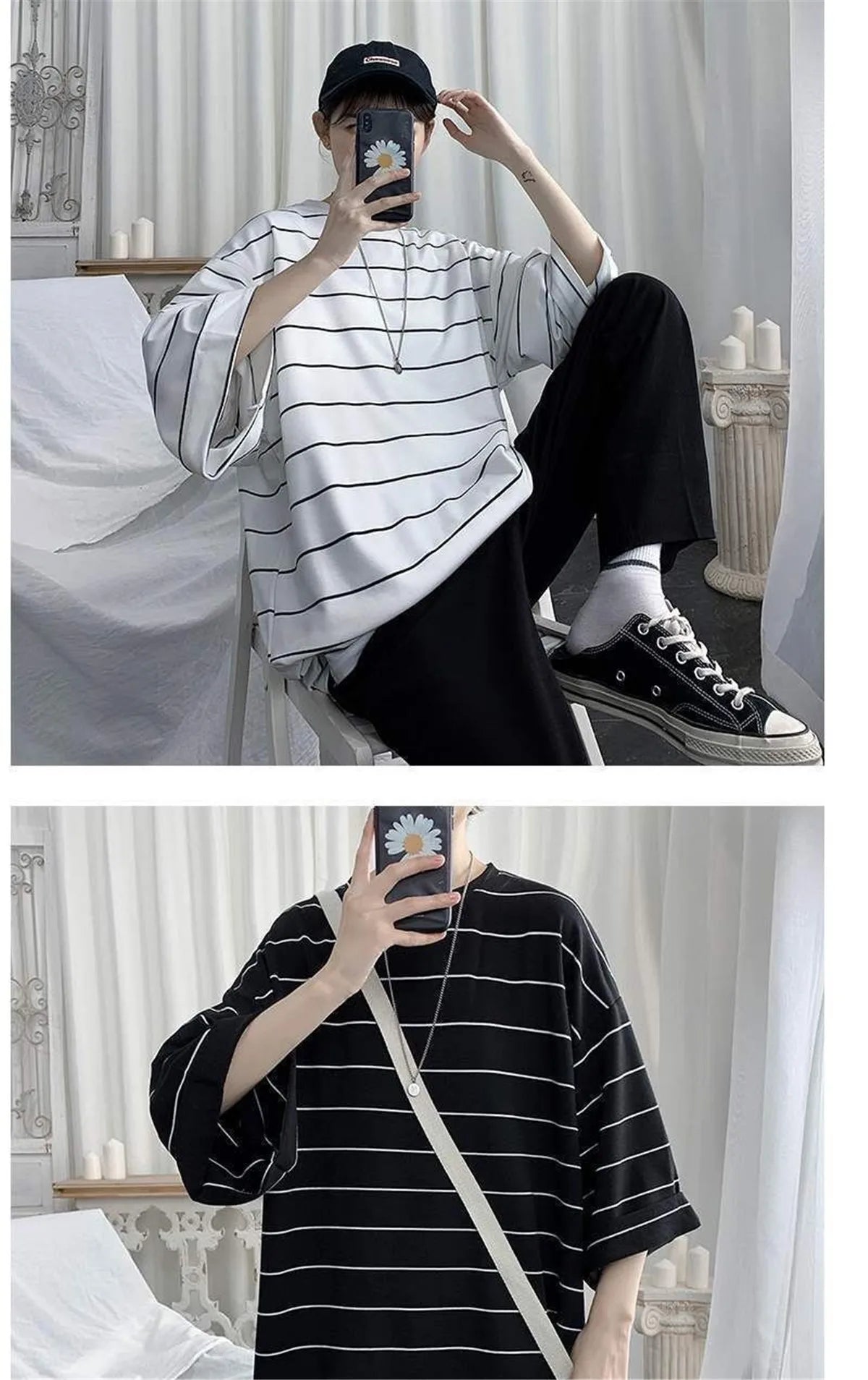 Cool Summer Oversized T-Shirt Men Funny Harajuku Tshirt Streetwear Femme Striped Japan Hip Hop Loose Half Sleeve T Shirts Male