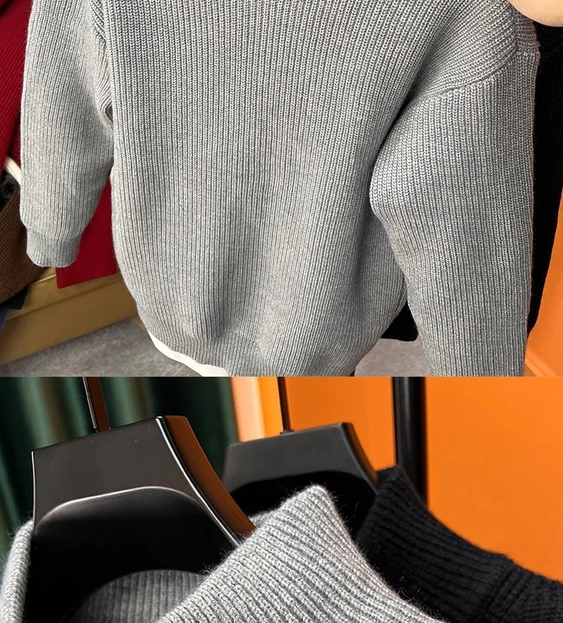 Autumn and winter versatile solid color zipper cardigan men's knitted sweater popular slim fit sweater jacket men's stand up col
