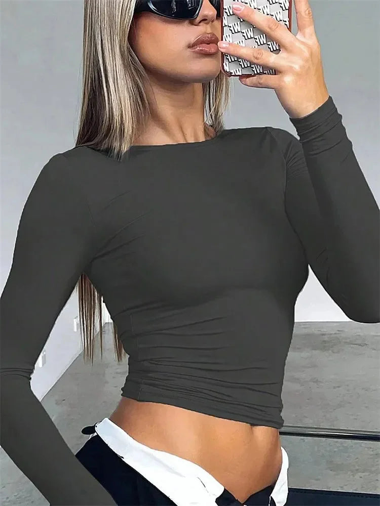 Basic Long Sleeve Crop Top for Women Spring Autumn Winter Round Neck Slim Fit Solid Color T-shirt Streetwear Tee Top