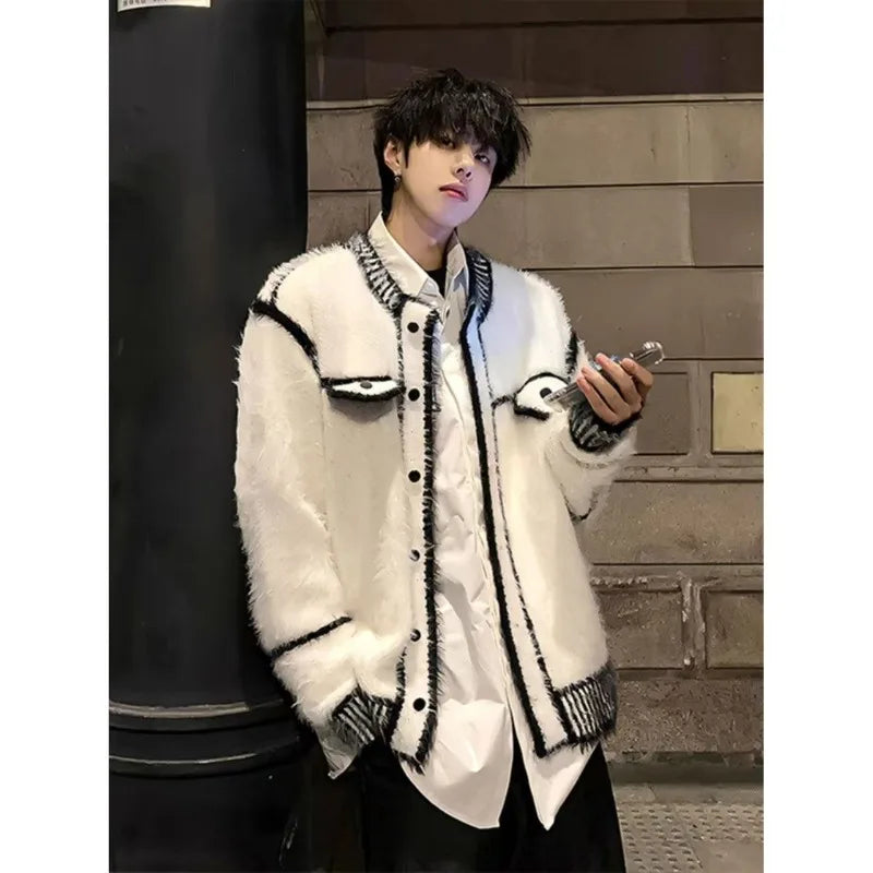 Loose and lazy style knitted sweater jacket, autumn and winter imitation mink fur small fragrant style cardigan sweater for men