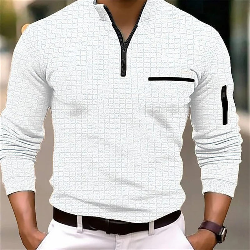 2025 Spring and Autumn New Men's Plaid Turtleneck Zipper Long Sleeve Polo Shirt Sports Breathable Business Casual Polo Shirt