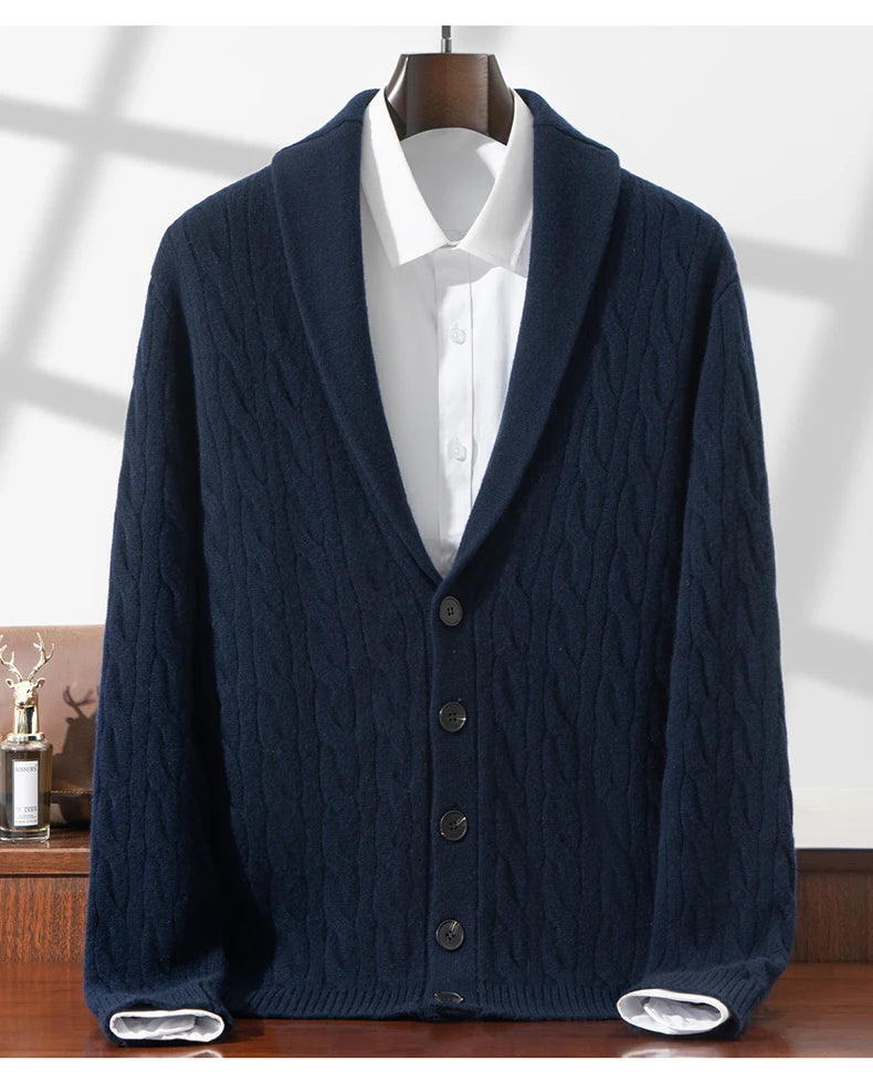 Green Fruit Collar Thickened 100% Wool Cardigan Men's Autumn Winter Jacquard Knitwear High-end Fashion Sweater Jacket