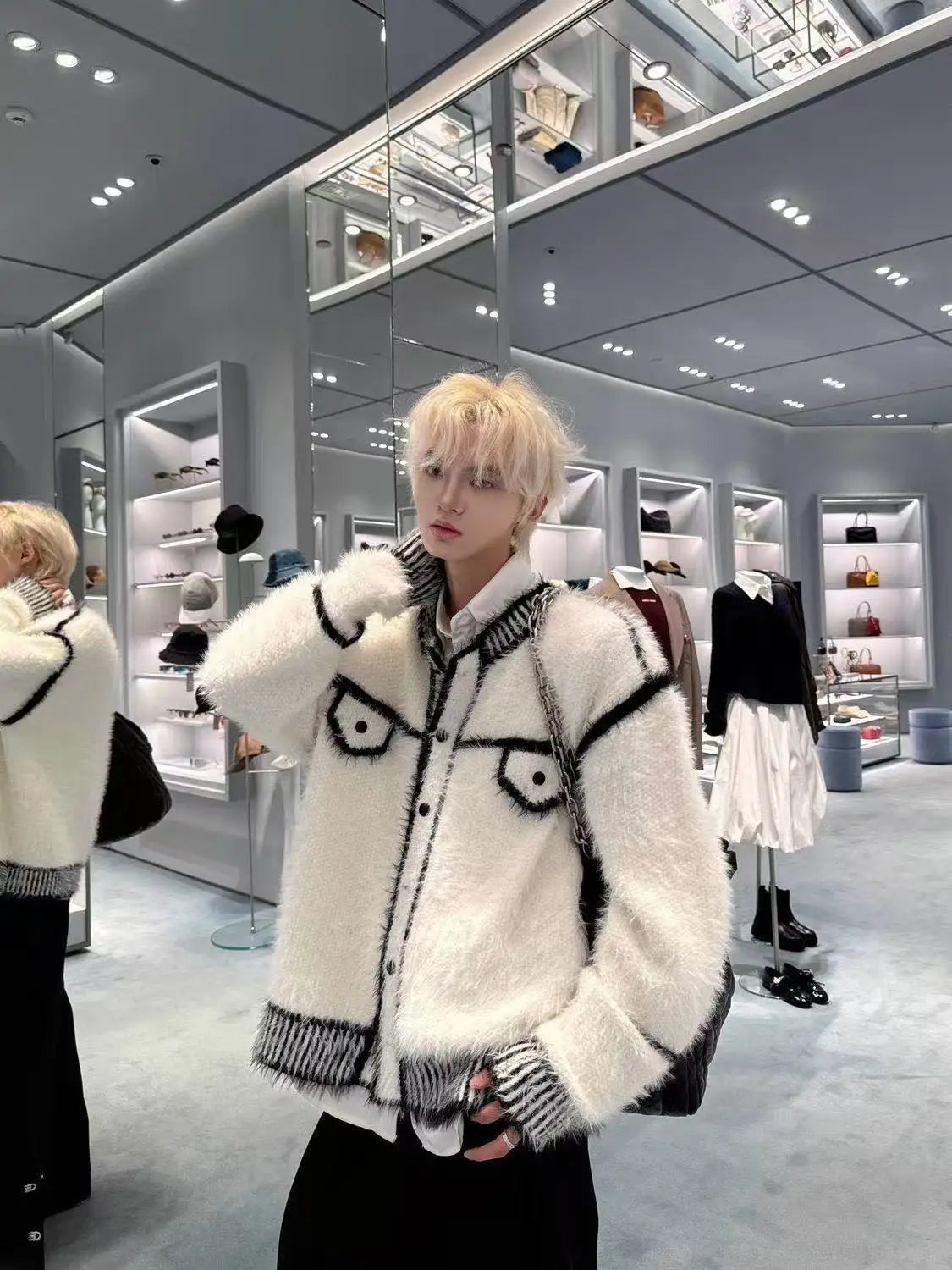 Loose and lazy style knitted sweater jacket, autumn and winter imitation mink fur small fragrant style cardigan sweater for men