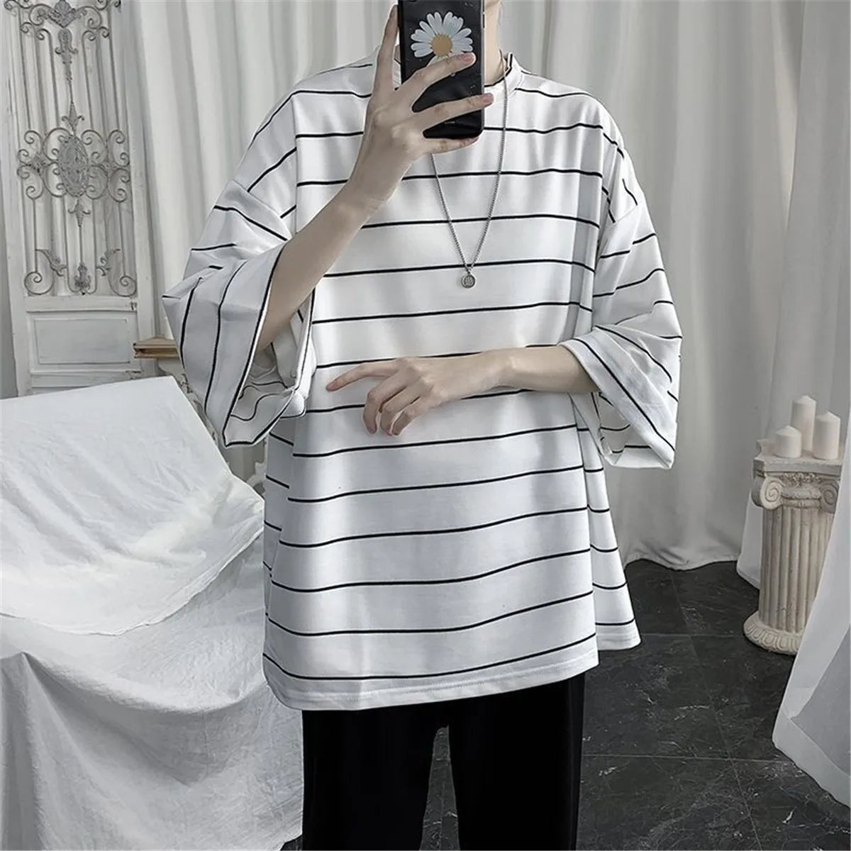 Cool Summer Oversized T-Shirt Men Funny Harajuku Tshirt Streetwear Femme Striped Japan Hip Hop Loose Half Sleeve T Shirts Male