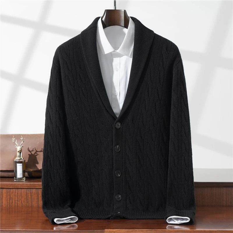 Green Fruit Collar Thickened 100% Wool Cardigan Men's Autumn Winter Jacquard Knitwear High-end Fashion Sweater Jacket