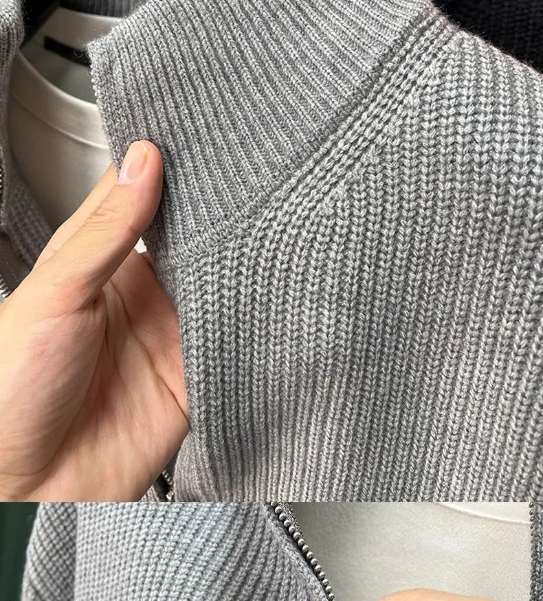 Autumn and winter versatile solid color zipper cardigan men's knitted sweater popular slim fit sweater jacket men's stand up col