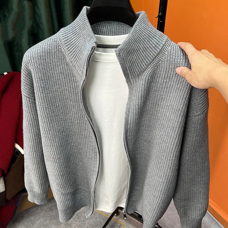 Autumn and winter versatile solid color zipper cardigan men's knitted sweater popular slim fit sweater jacket men's stand up col