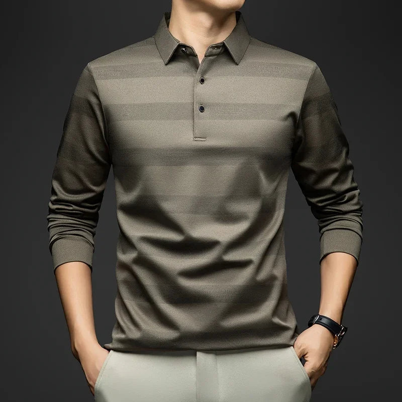 BROWON Elegant Mens Polo Shirts 2025 Spring Autumn Long Sleeve Lapel Collar Big Striped Pattern T-shirt Male New in Tops & Tees