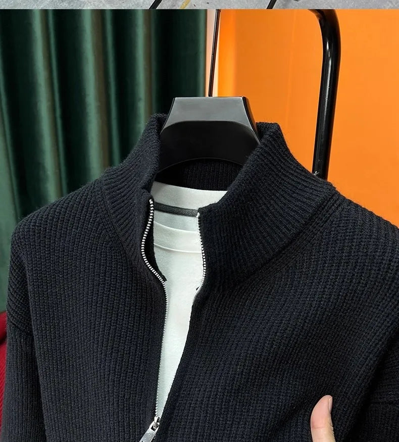 Autumn and winter versatile solid color zipper cardigan men's knitted sweater popular slim fit sweater jacket men's stand up col