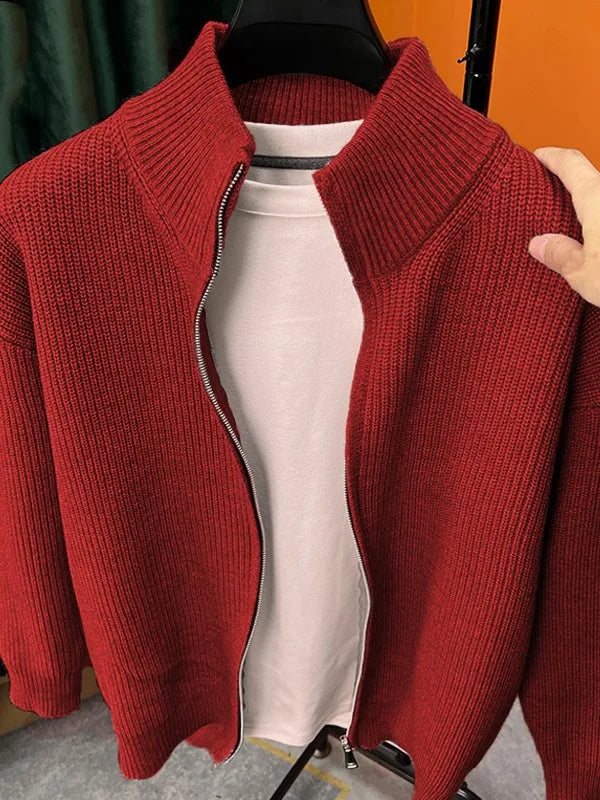 Autumn and winter versatile solid color zipper cardigan men's knitted sweater popular slim fit sweater jacket men's stand up col