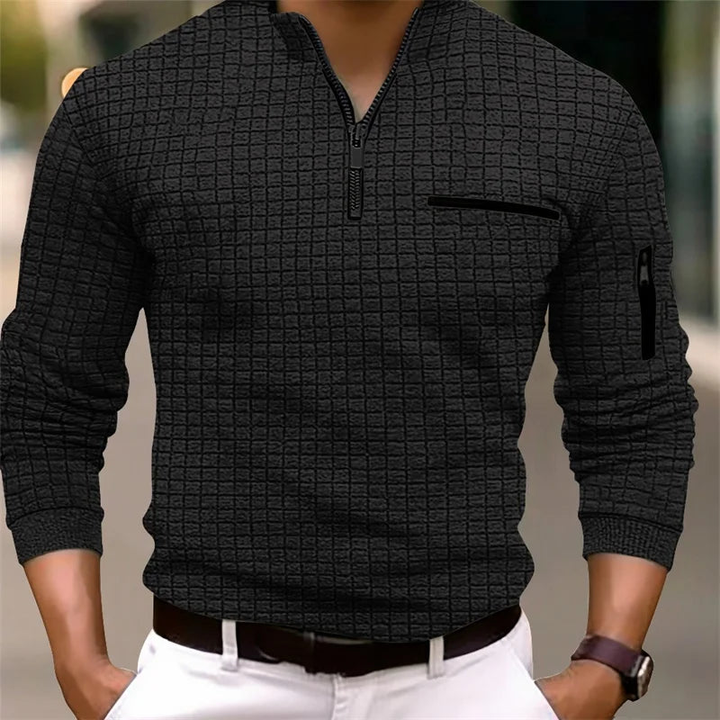 2025 Spring and Autumn New Men's Plaid Turtleneck Zipper Long Sleeve Polo Shirt Sports Breathable Business Casual Polo Shirt