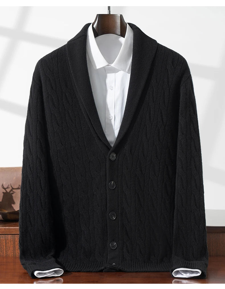 Green Fruit Collar Thickened 100% Wool Cardigan Men's Autumn Winter Jacquard Knitwear High-end Fashion Sweater Jacket